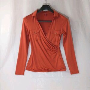 Guess Top Women's Size Large Orange Goldtone Long Sleeve Roughing